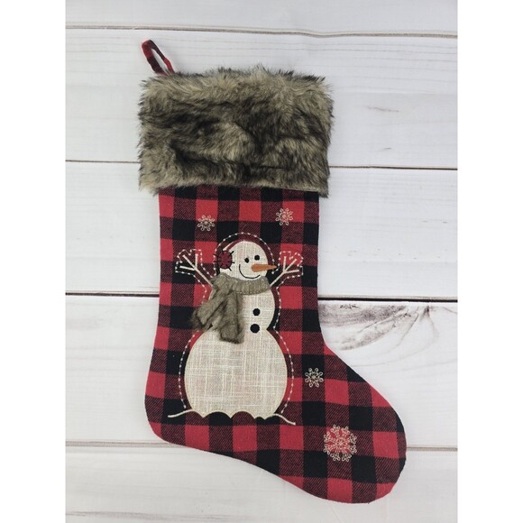 Snowman Faux Fur Trimmed Red Black Buffalo Plaid Christmas Cabin Stocking - Picture 1 of 4
